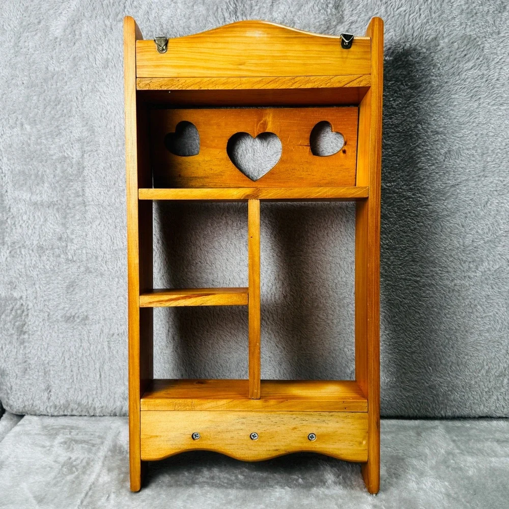 Vintage 80s Wood Wall Shelf Heart Cutout Curio Display 3 Pegs Cottagecore